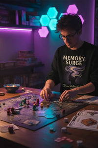 Person playing a board game in a room with colorful lighting