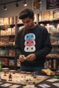 Man playing a board game in a store with shelves of board games in the background
