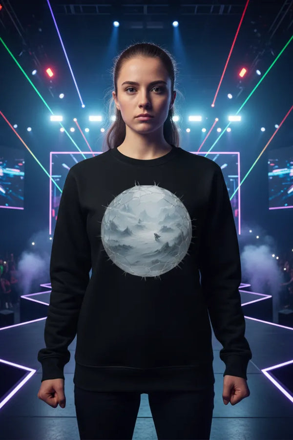 Person wearing a black sweatshirt with a moon graphic in a futuristic setting with colorful lights.