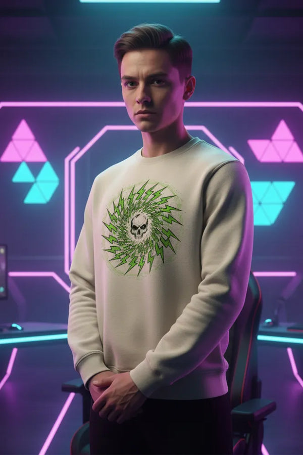 Person wearing a beige sweatshirt with a green graphic design in a futuristic setting