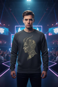 Man wearing a dark sweatshirt with a geometric face design in front of a vibrant, futuristic background.