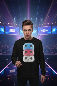 Person wearing a black sweatshirt with colorful design in front of a vibrant stage background