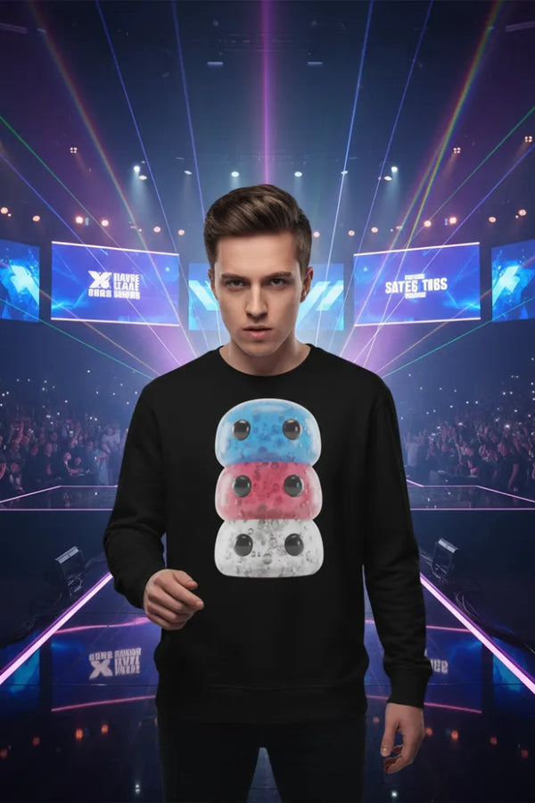 Person wearing a black sweatshirt with colorful design in front of a vibrant stage background