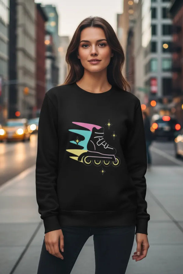 Woman wearing a black sweatshirt with a colorful graphic on a city street.