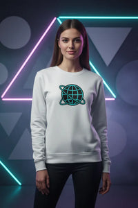 Woman wearing a white sweatshirt with a green logo against a neon geometric background