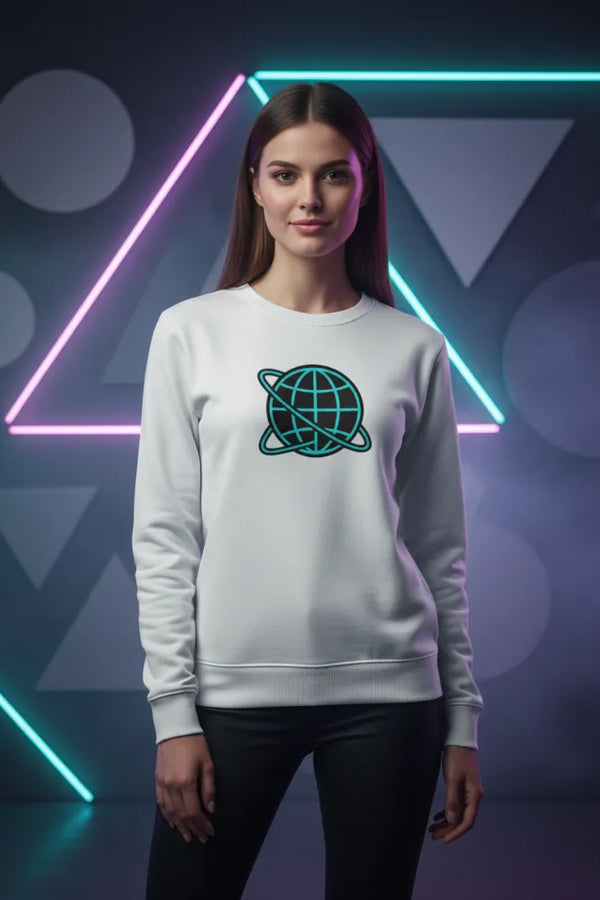 Woman wearing a white sweatshirt with a green logo against a neon geometric background