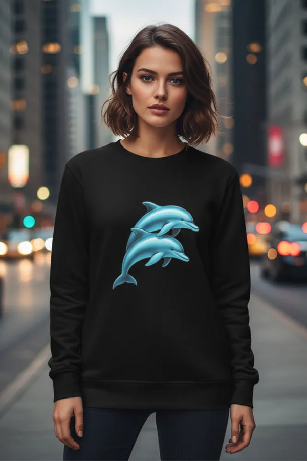 Woman wearing a black sweatshirt with a dolphin design on a city street at night.