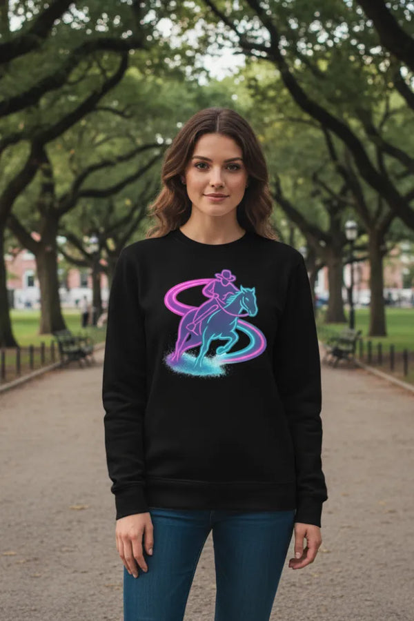 Woman wearing a black sweatshirt with a colorful graphic design outdoors.