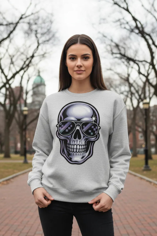 Woman wearing a gray sweatshirt with a skull design outdoors.