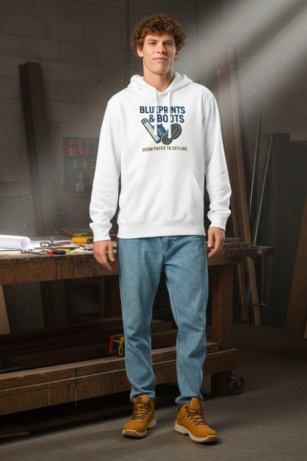 Blueprints & Boots Organic Hoodie – From Paper to Skyline