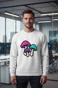Man wearing a white sweatshirt with colorful mushroom design in an office setting