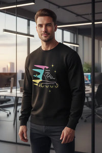 Man wearing a black sweatshirt with a colorful graphic design in an office setting