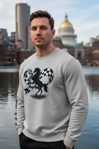 Man wearing a gray sweatshirt with a horse and checkered flag design, standing in front of a cityscape.