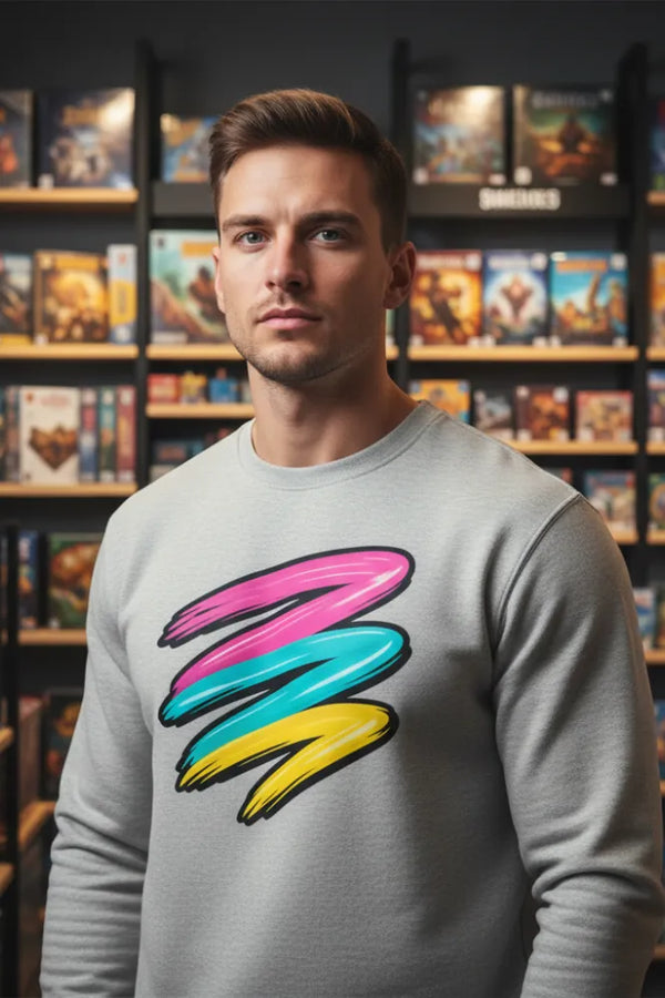 Man wearing a gray sweatshirt with colorful design in front of shelves with board games.