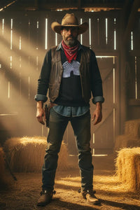 Man in cowboy hat and vest standing in a barn with hay bales.