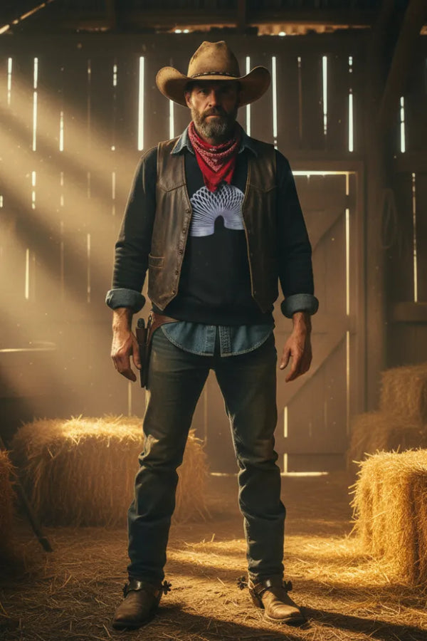 Man in cowboy hat and vest standing in a barn with hay bales.
