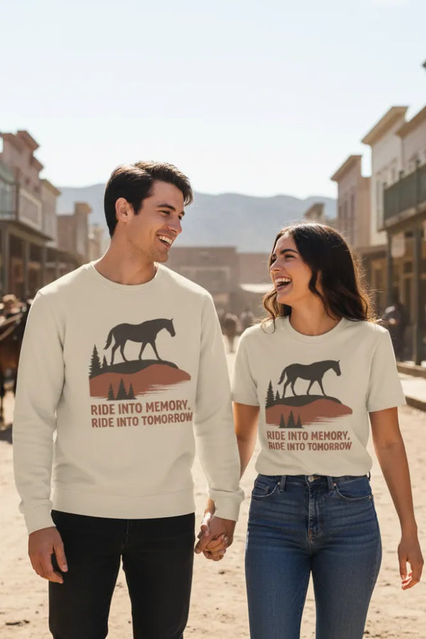 Two people wearing matching sweatshirts with a horse and mountain design in a western town setting.