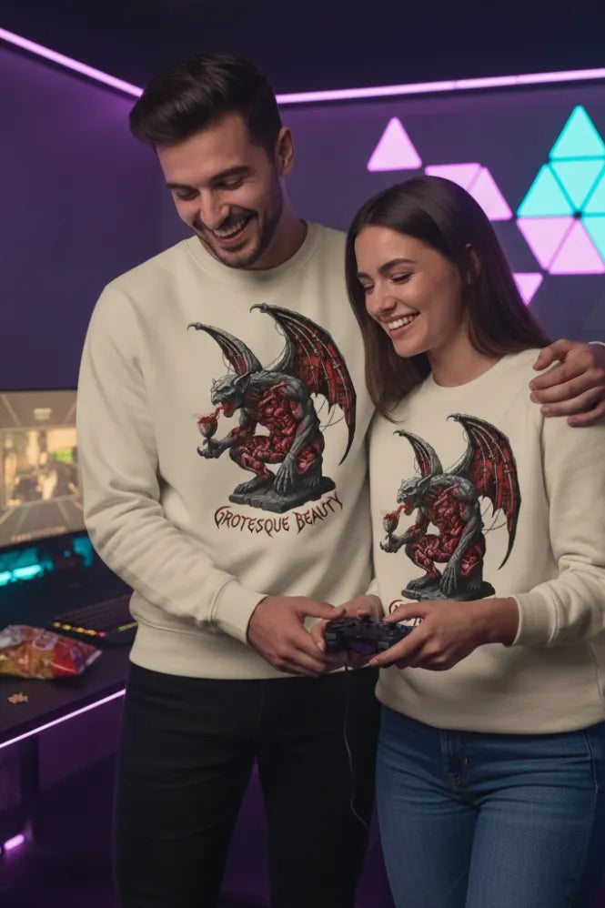 Two people wearing matching sweaters with a dragon design in a futuristic setting.