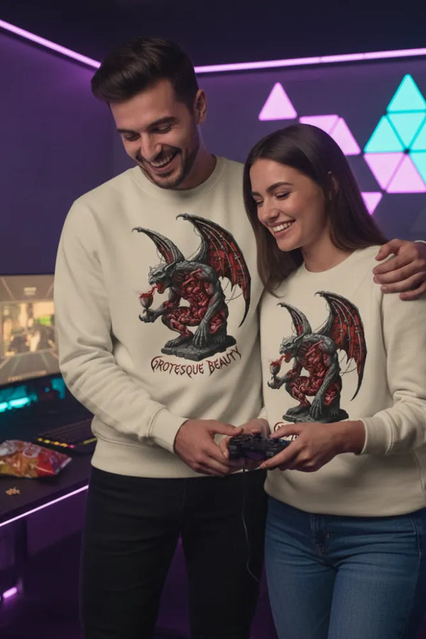 Two people wearing matching sweaters with a dragon design in a futuristic setting.
