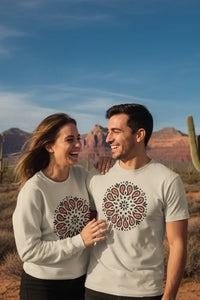 Two people wearing matching white sweatshirts with a red and black pattern in a desert setting.