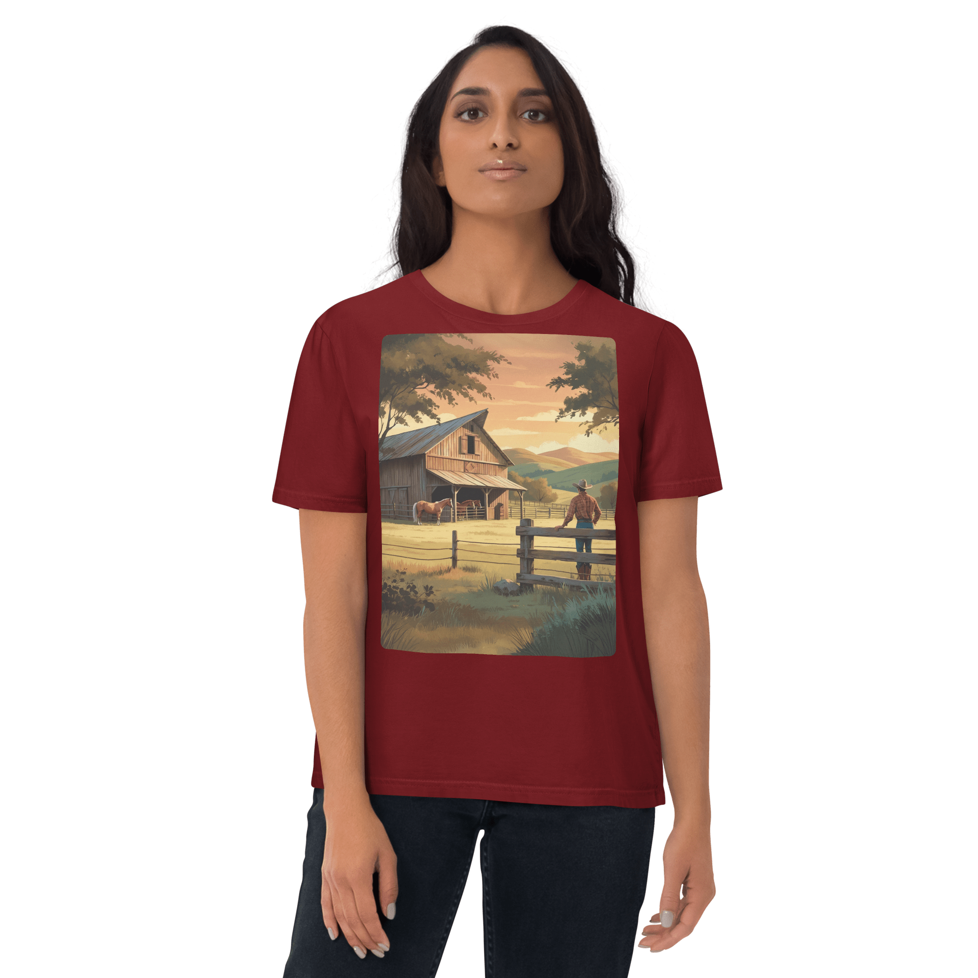 Rustic Ranch Life Organic Cotton T-Shirt | Cowboy & Horses Tee - Design Delight Studio