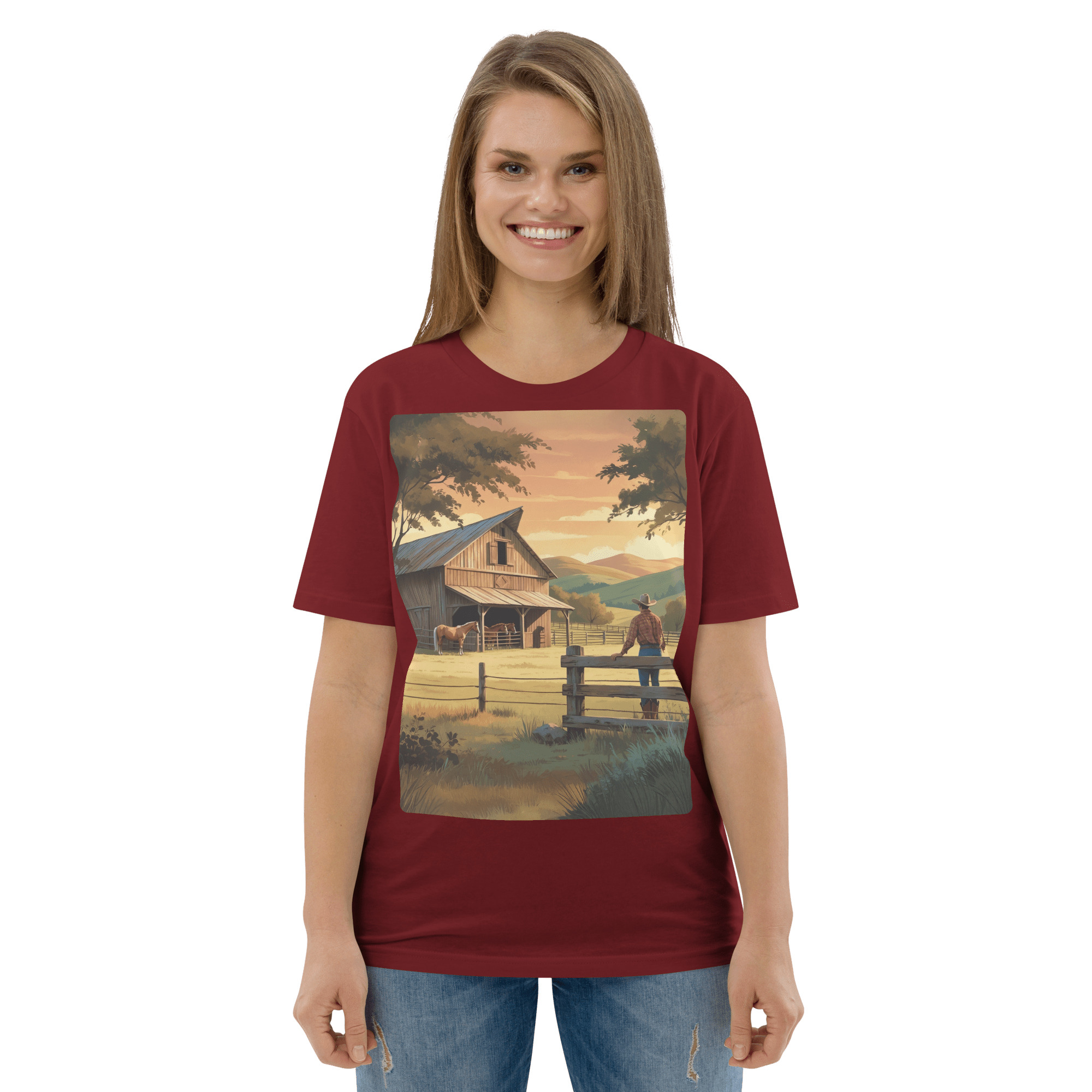 Rustic Ranch Life Organic Cotton T-Shirt | Cowboy & Horses Tee - Design Delight Studio