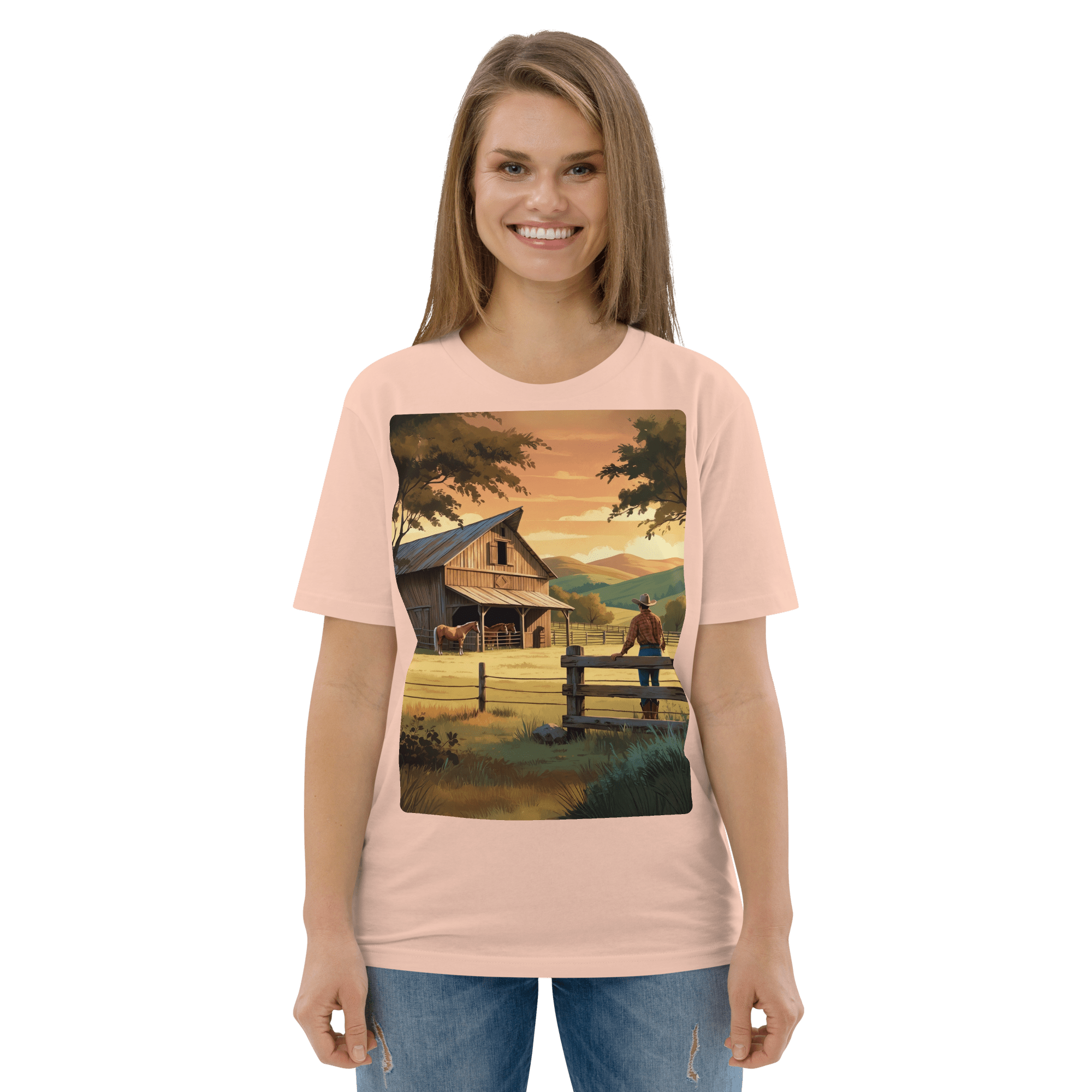 Rustic Ranch Life Organic Cotton T-Shirt | Cowboy & Horses Tee - Design Delight Studio