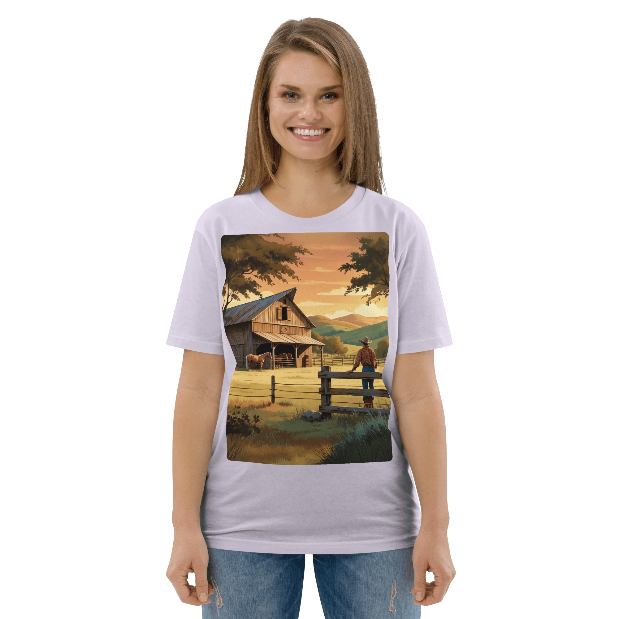 Rustic Ranch Life Organic Cotton T-Shirt | Cowboy & Horses Tee - Design Delight Studio