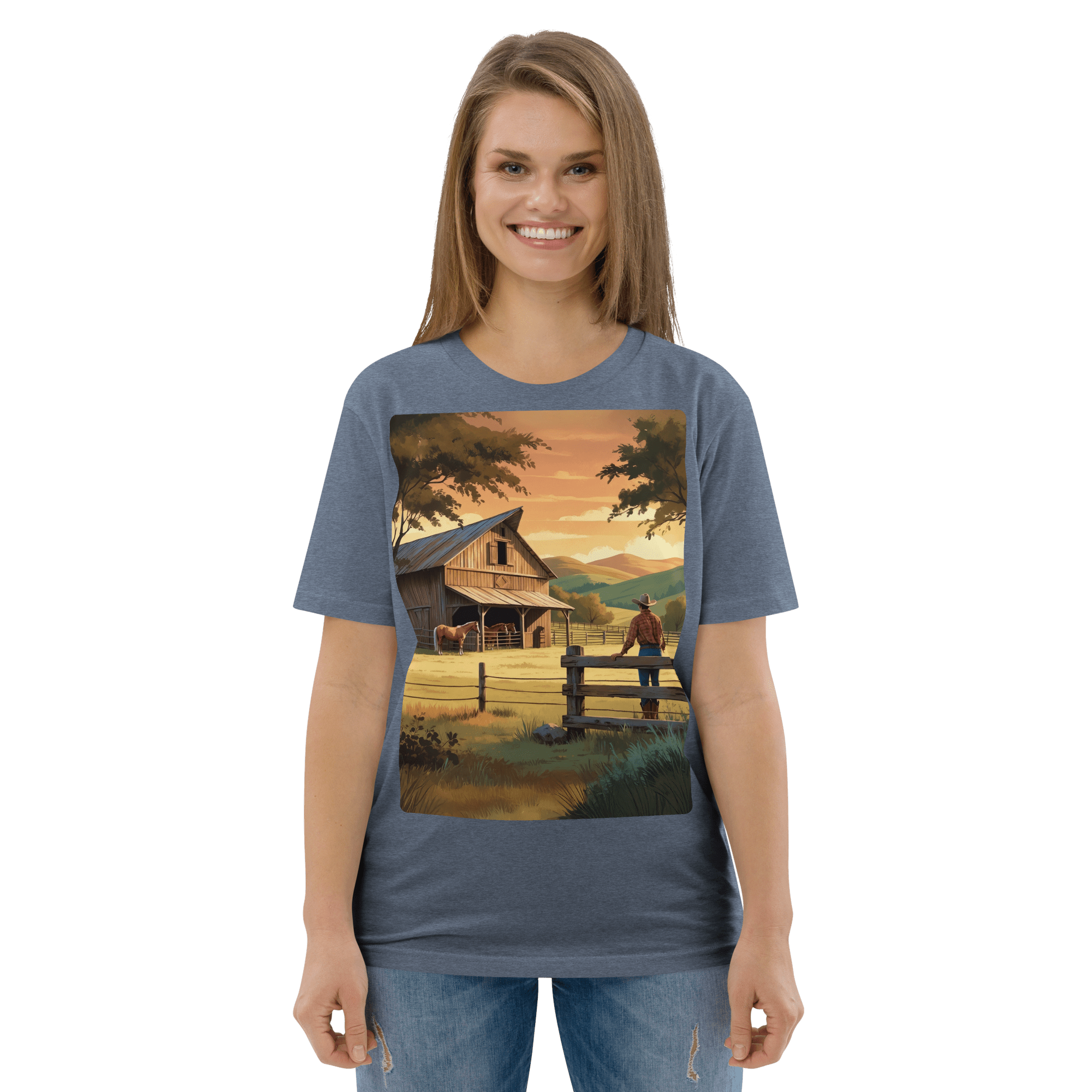 Rustic Ranch Life Organic Cotton T-Shirt | Cowboy & Horses Tee - Design Delight Studio