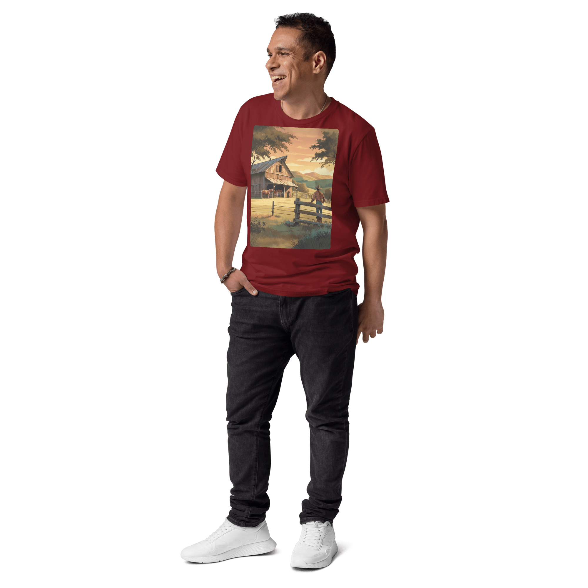 Rustic Ranch Life Organic Cotton T-Shirt | Cowboy & Horses Tee - Design Delight Studio