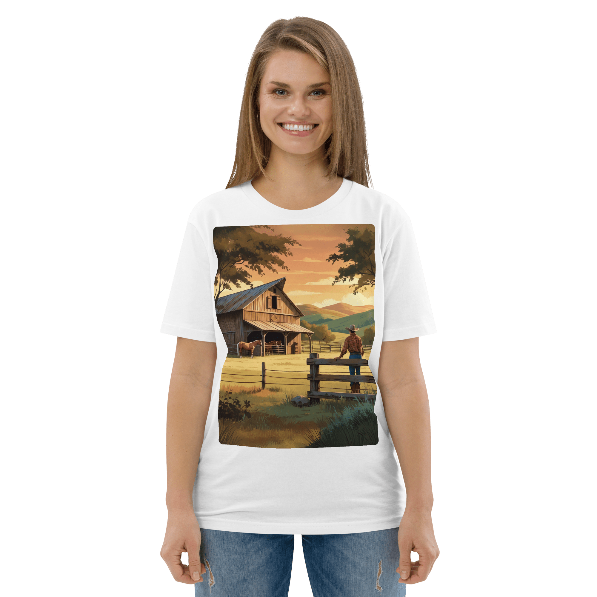 Rustic Ranch Life Organic Cotton T-Shirt | Cowboy & Horses Tee - Design Delight Studio