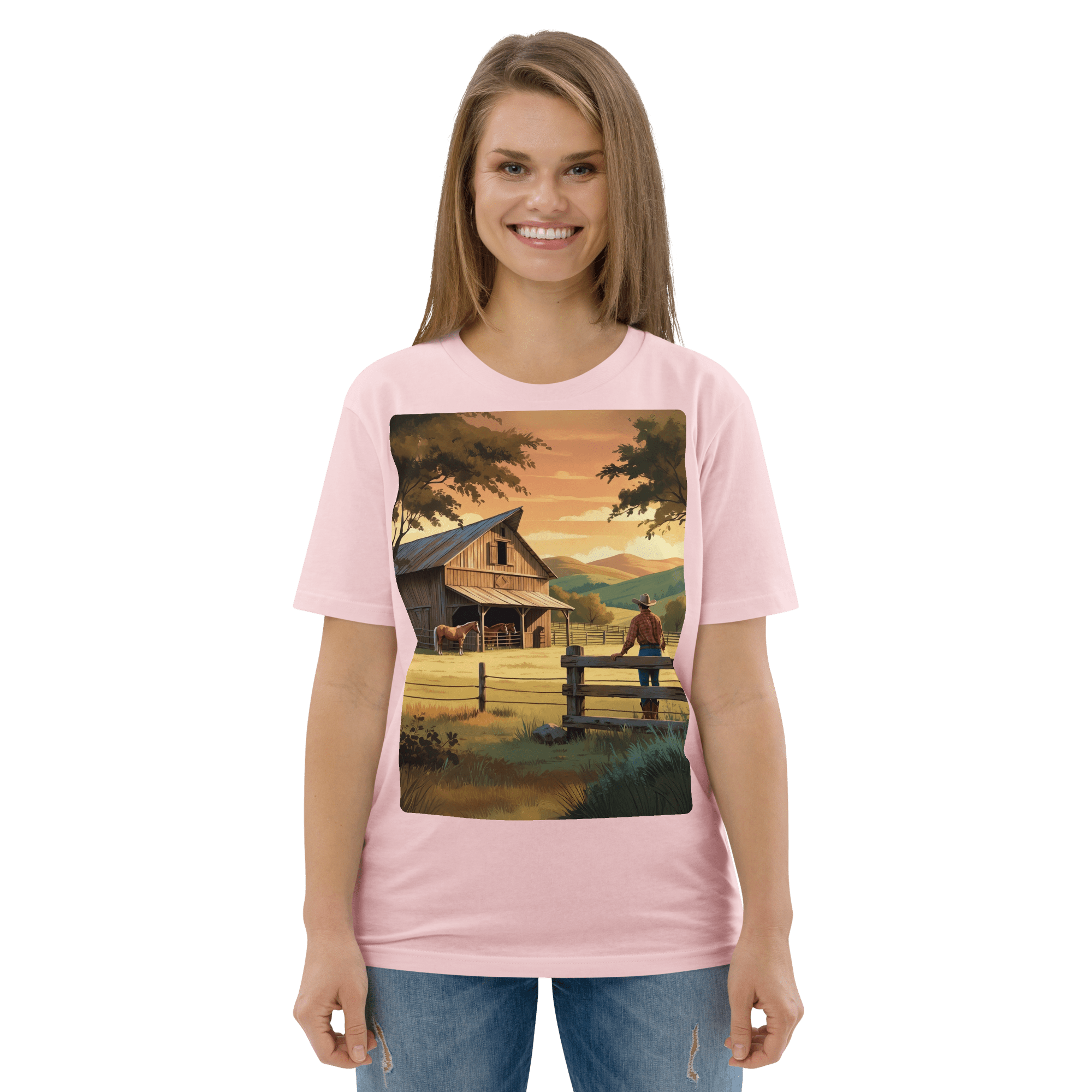 Rustic Ranch Life Organic Cotton T-Shirt | Cowboy & Horses Tee - Design Delight Studio