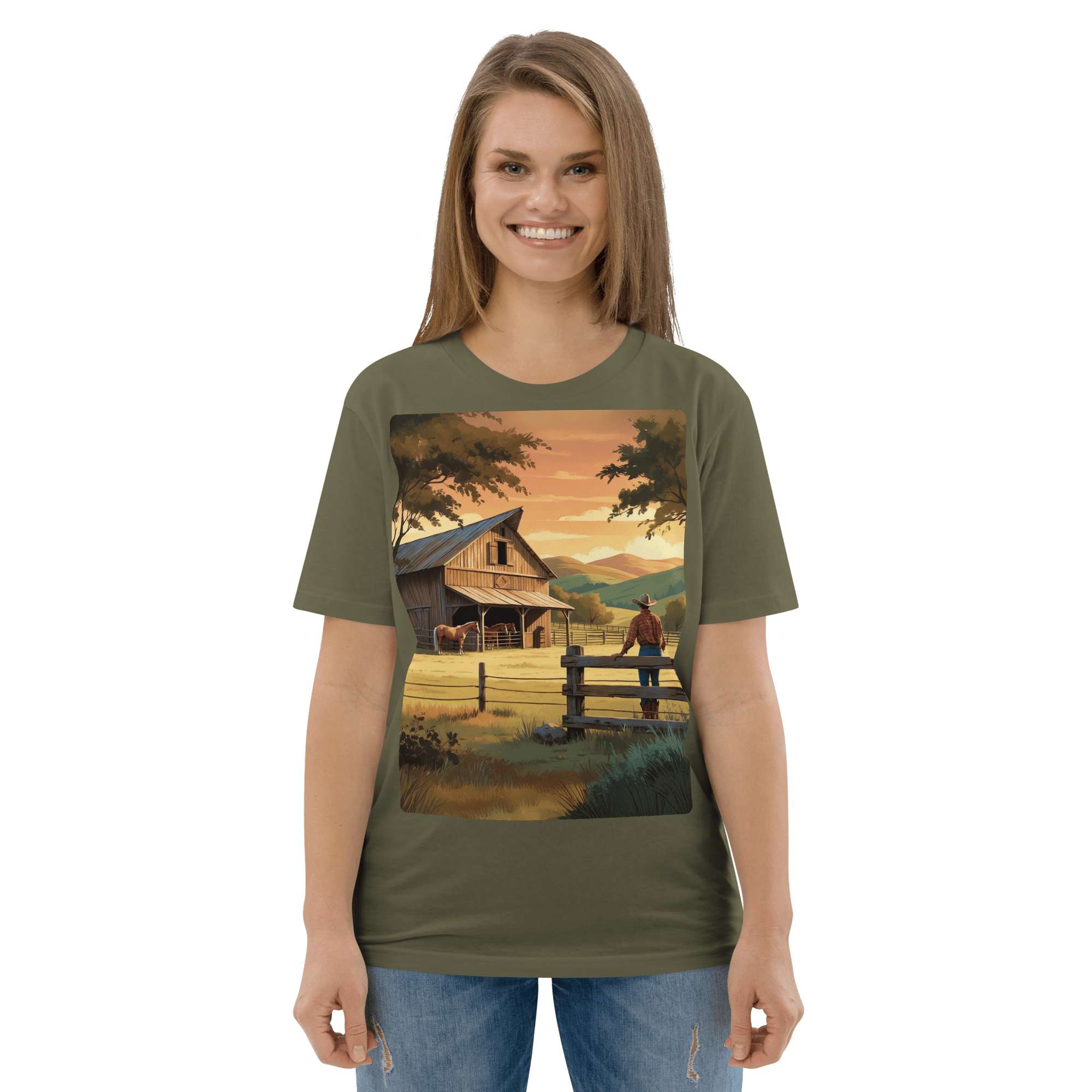Rustic Ranch Life Organic Cotton T-Shirt | Cowboy & Horses Tee - Design Delight Studio