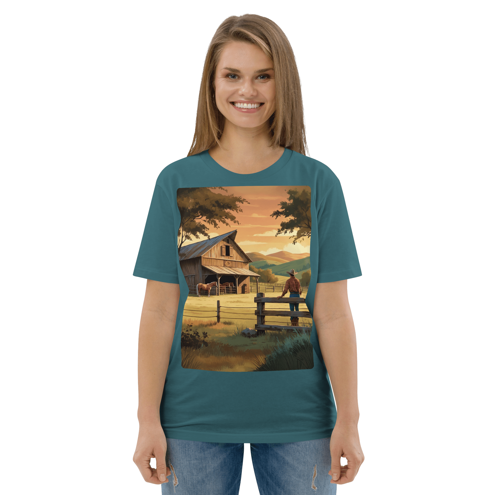 Rustic Ranch Life Organic Cotton T-Shirt | Cowboy & Horses Tee - Design Delight Studio