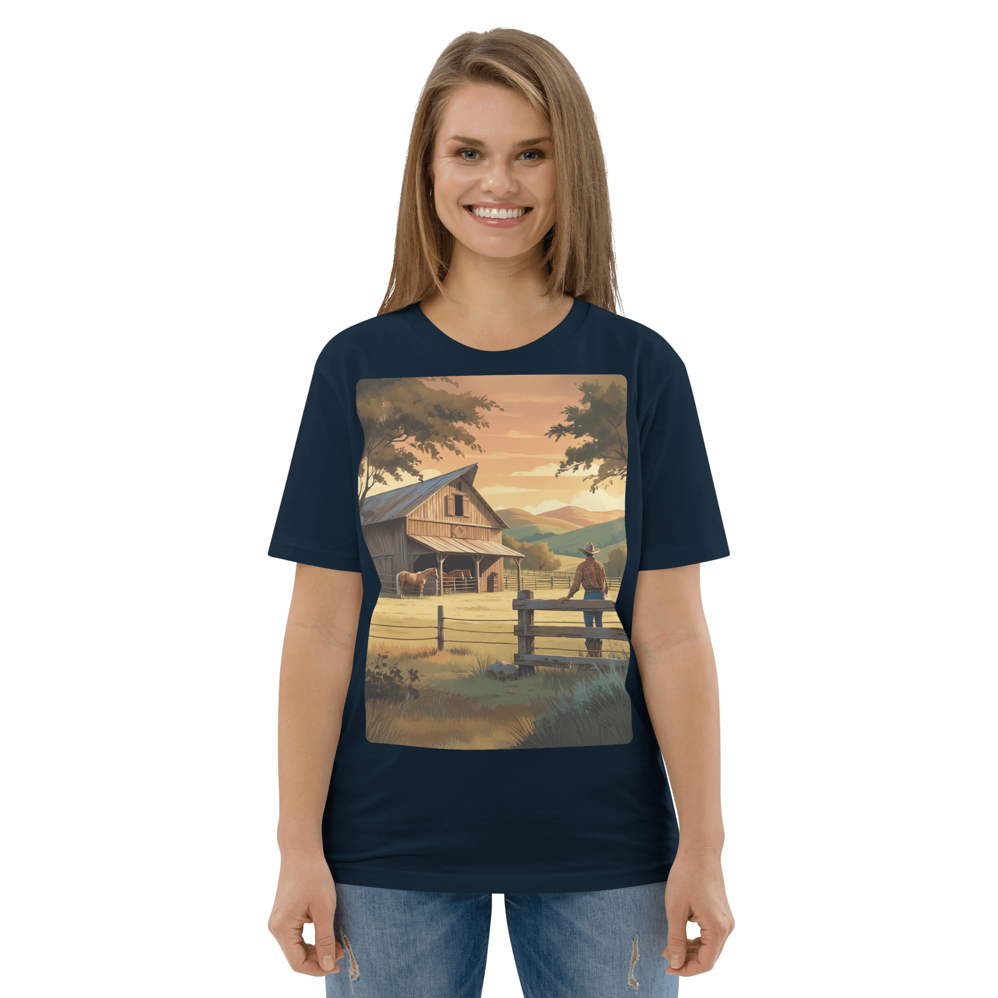 Rustic Ranch Life Organic Cotton T-Shirt | Cowboy & Horses Tee - Design Delight Studio