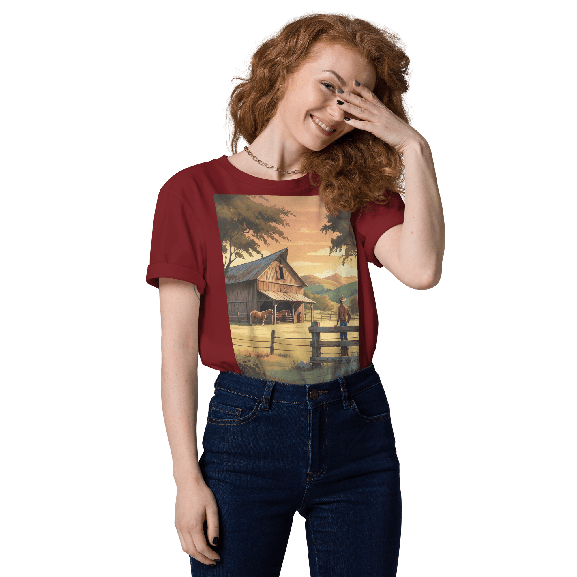 Rustic Ranch Life Organic Cotton T-Shirt | Cowboy & Horses Tee - Design Delight Studio