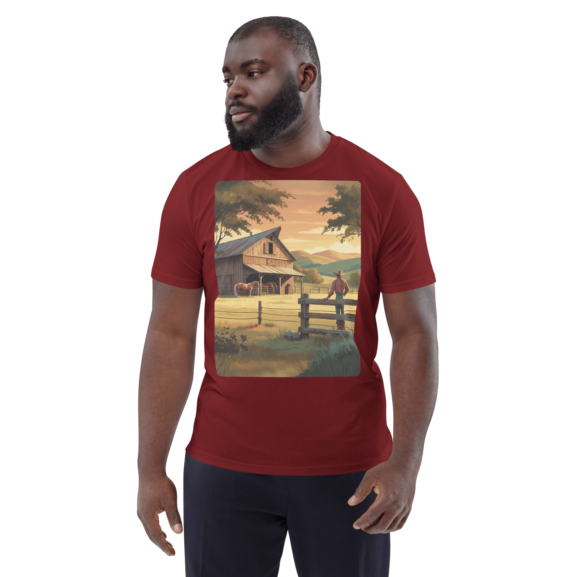 Rustic Ranch Life Organic Cotton T-Shirt | Cowboy & Horses Tee - Design Delight Studio
