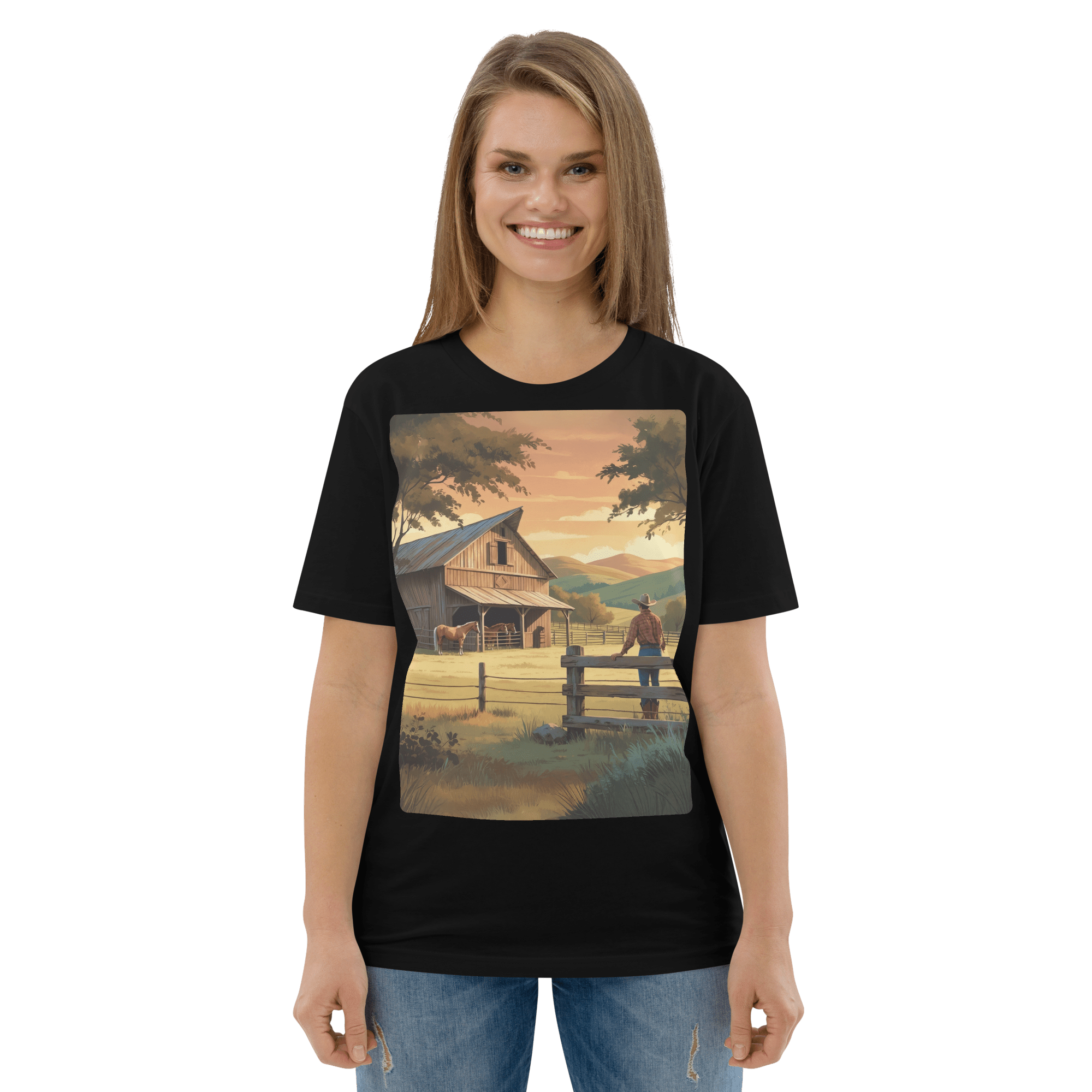 Rustic Ranch Life Organic Cotton T-Shirt | Cowboy & Horses Tee - Design Delight Studio