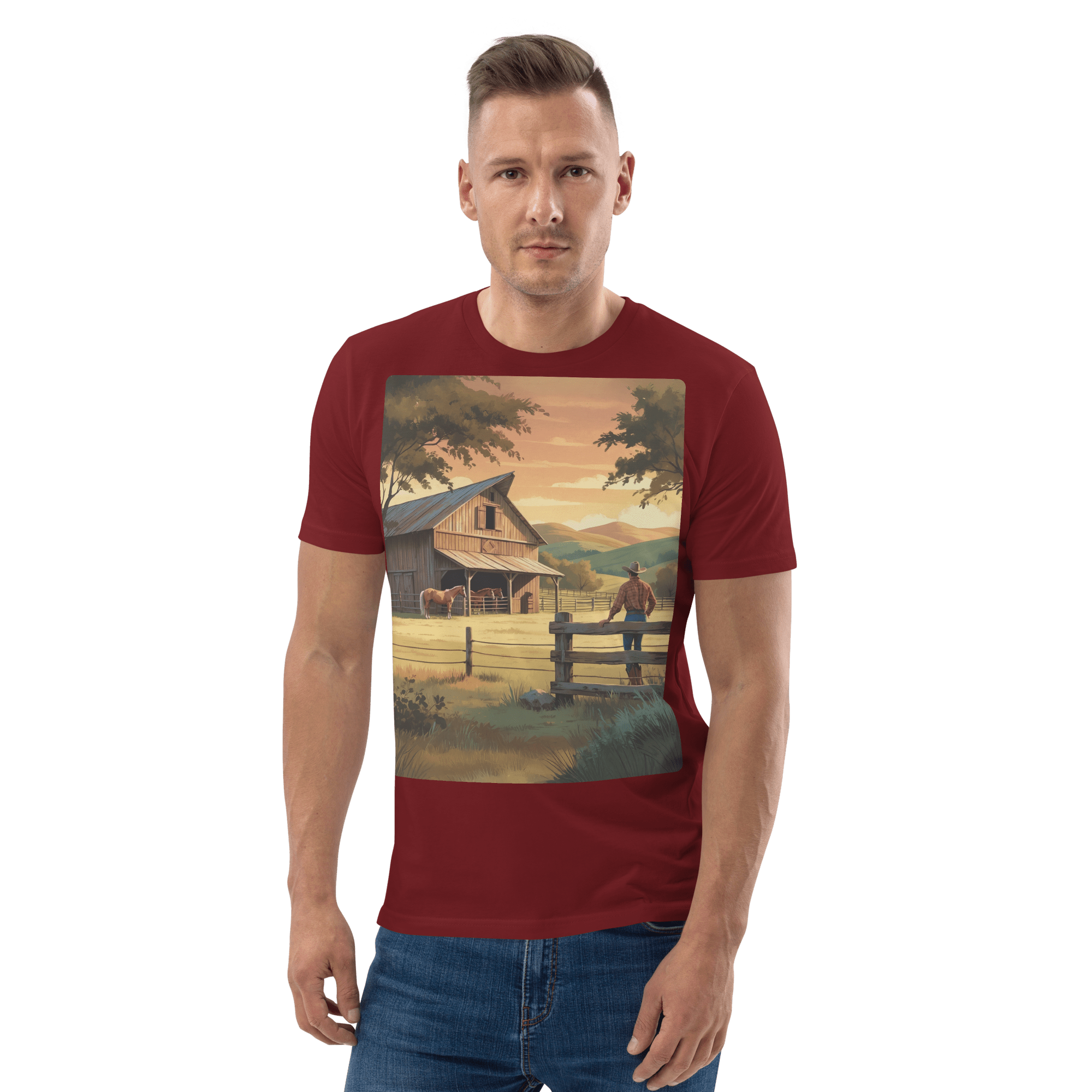 Rustic Ranch Life Organic Cotton T-Shirt | Cowboy & Horses Tee - Design Delight Studio