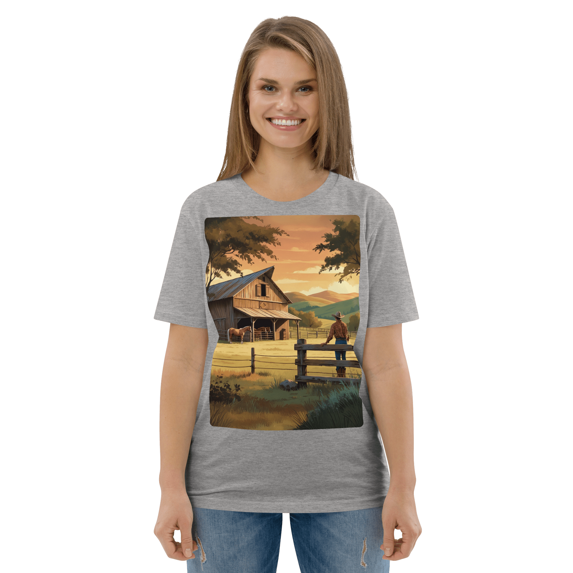 Rustic Ranch Life Organic Cotton T-Shirt | Cowboy & Horses Tee - Design Delight Studio