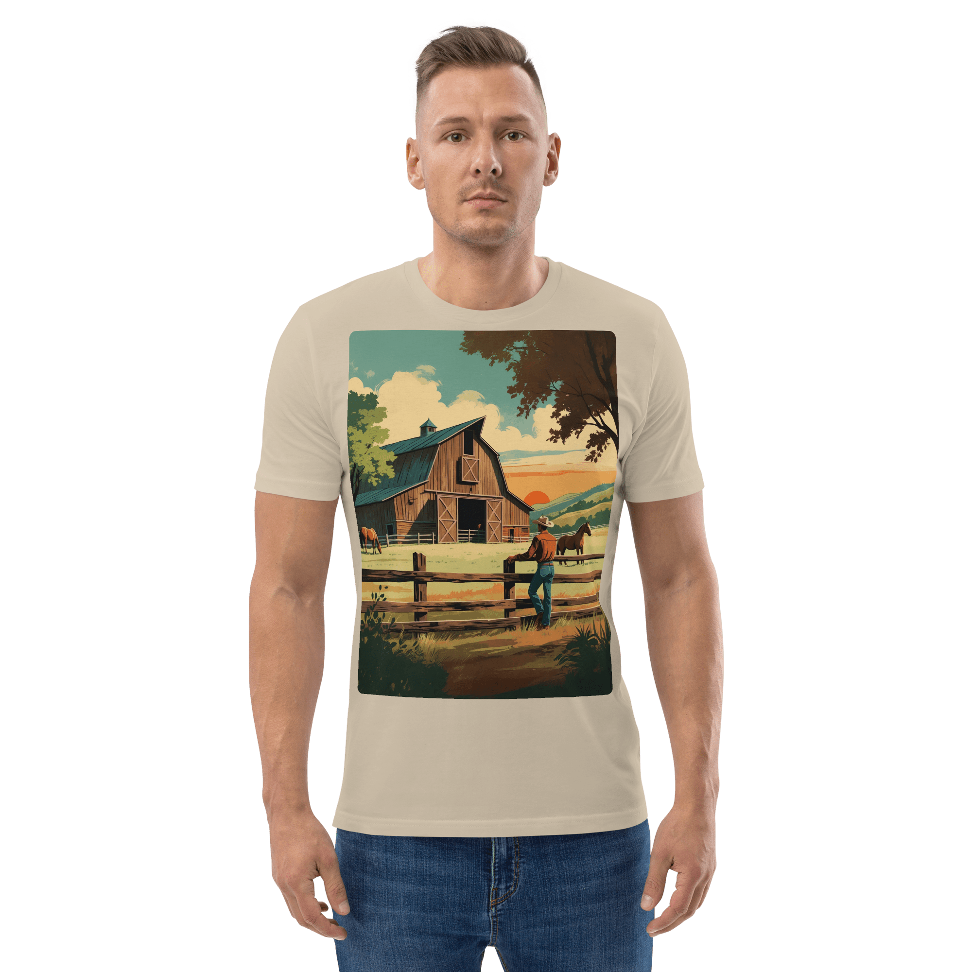 Rustic Ranch Life Organic Cotton T-Shirt - Western Barn Scene - Design Delight Studio