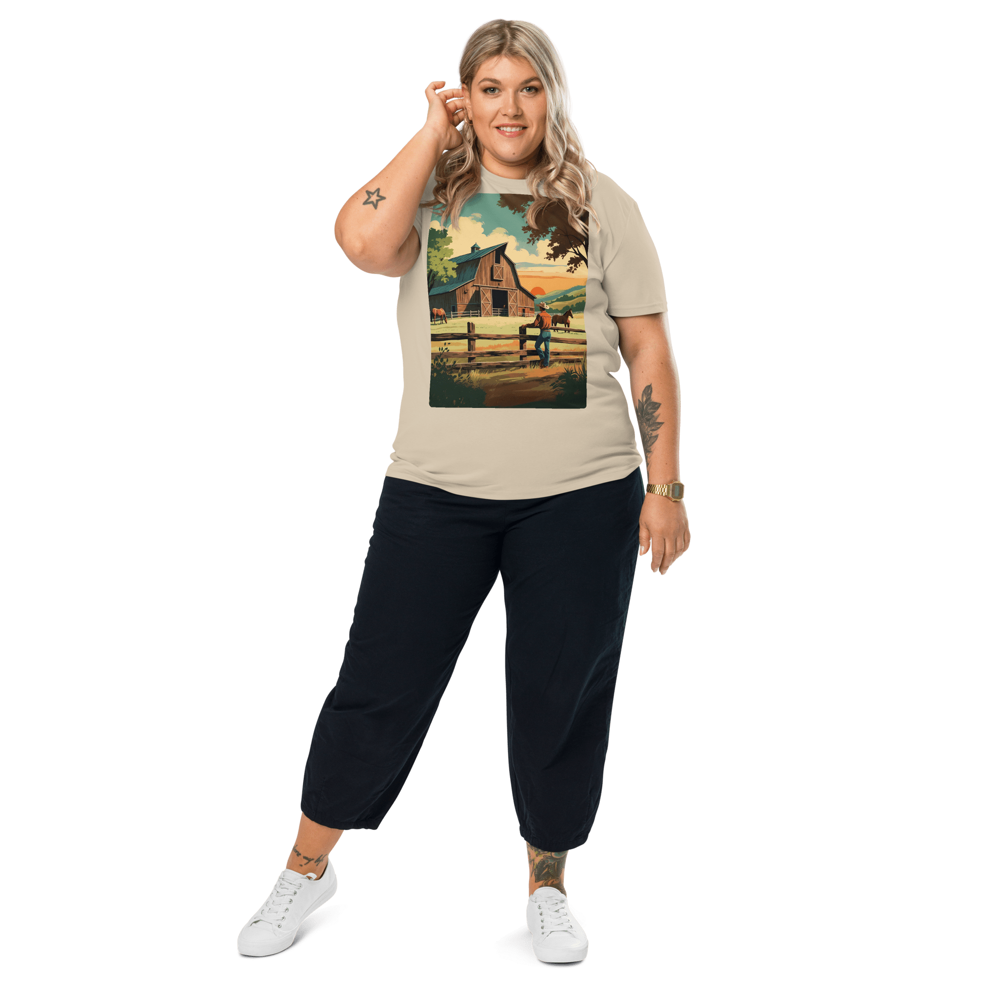 Rustic Ranch Life Organic Cotton T-Shirt - Western Barn Scene - Design Delight Studio