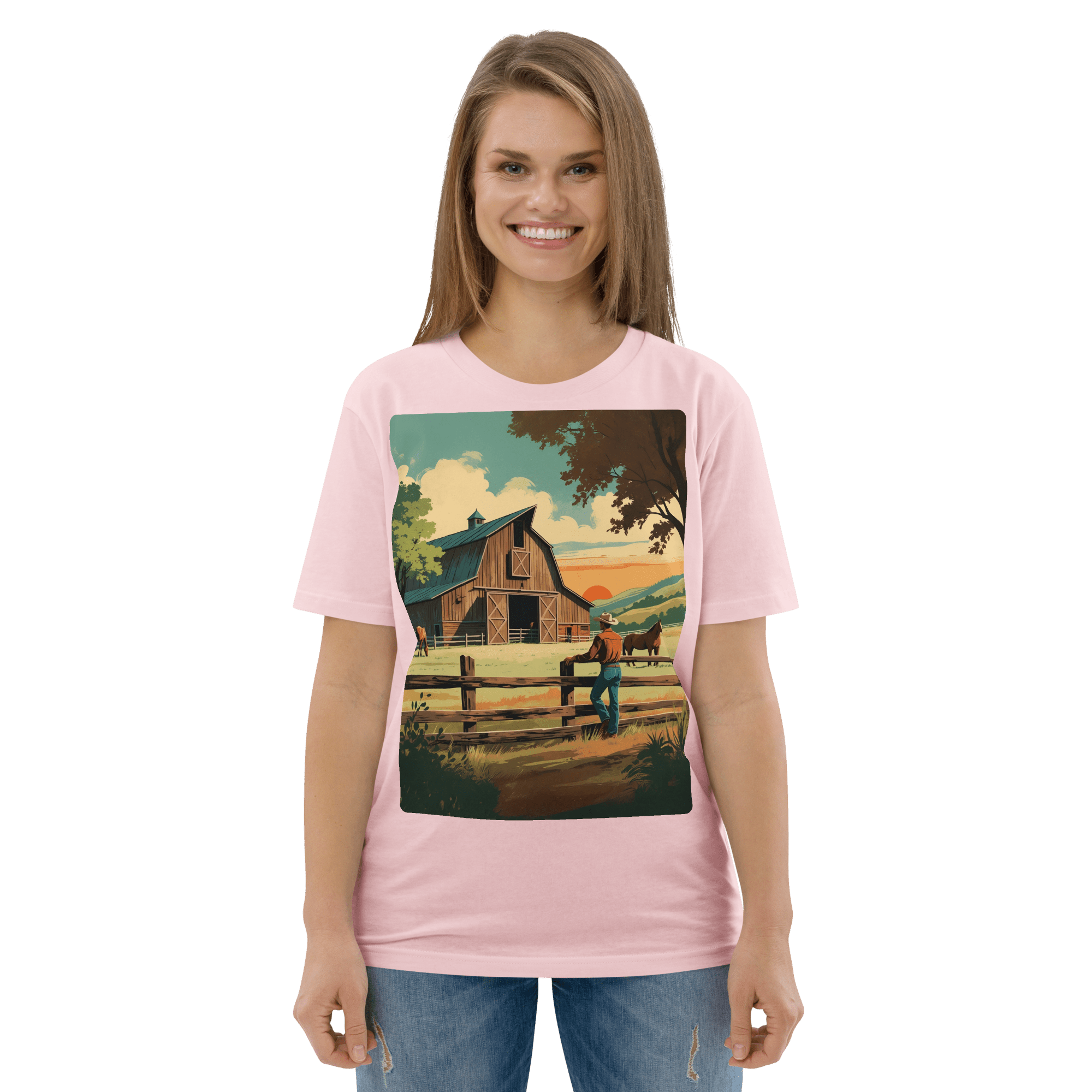 Rustic Ranch Life Organic Cotton T-Shirt - Western Barn Scene - Design Delight Studio