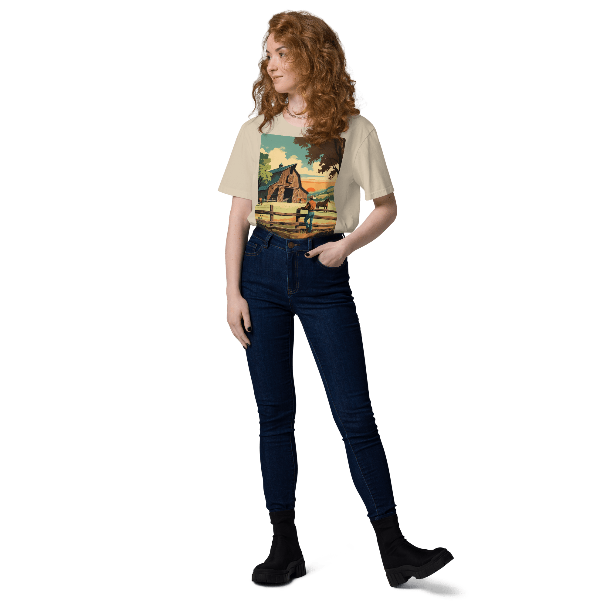 Rustic Ranch Life Organic Cotton T-Shirt - Western Barn Scene - Design Delight Studio