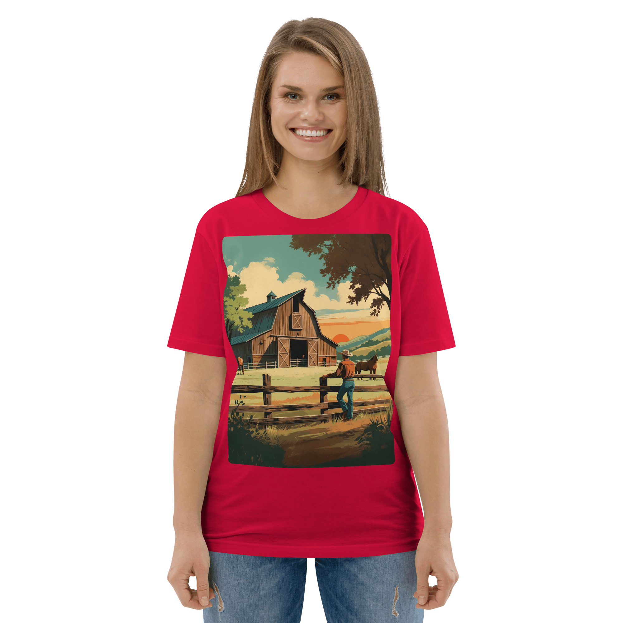 Rustic Ranch Life Organic Cotton T-Shirt - Western Barn Scene - Design Delight Studio
