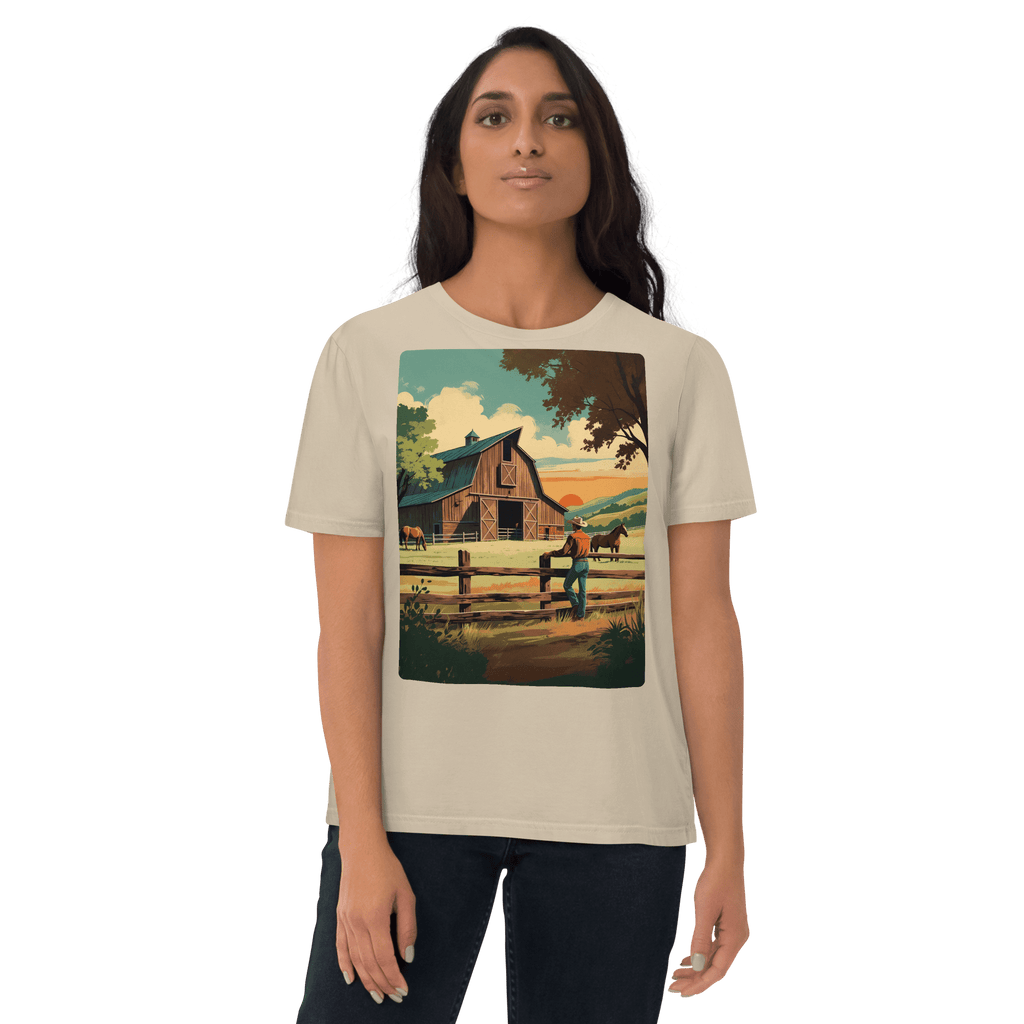 Rustic Ranch Life Organic Cotton T-Shirt - Western Barn Scene - Design Delight Studio