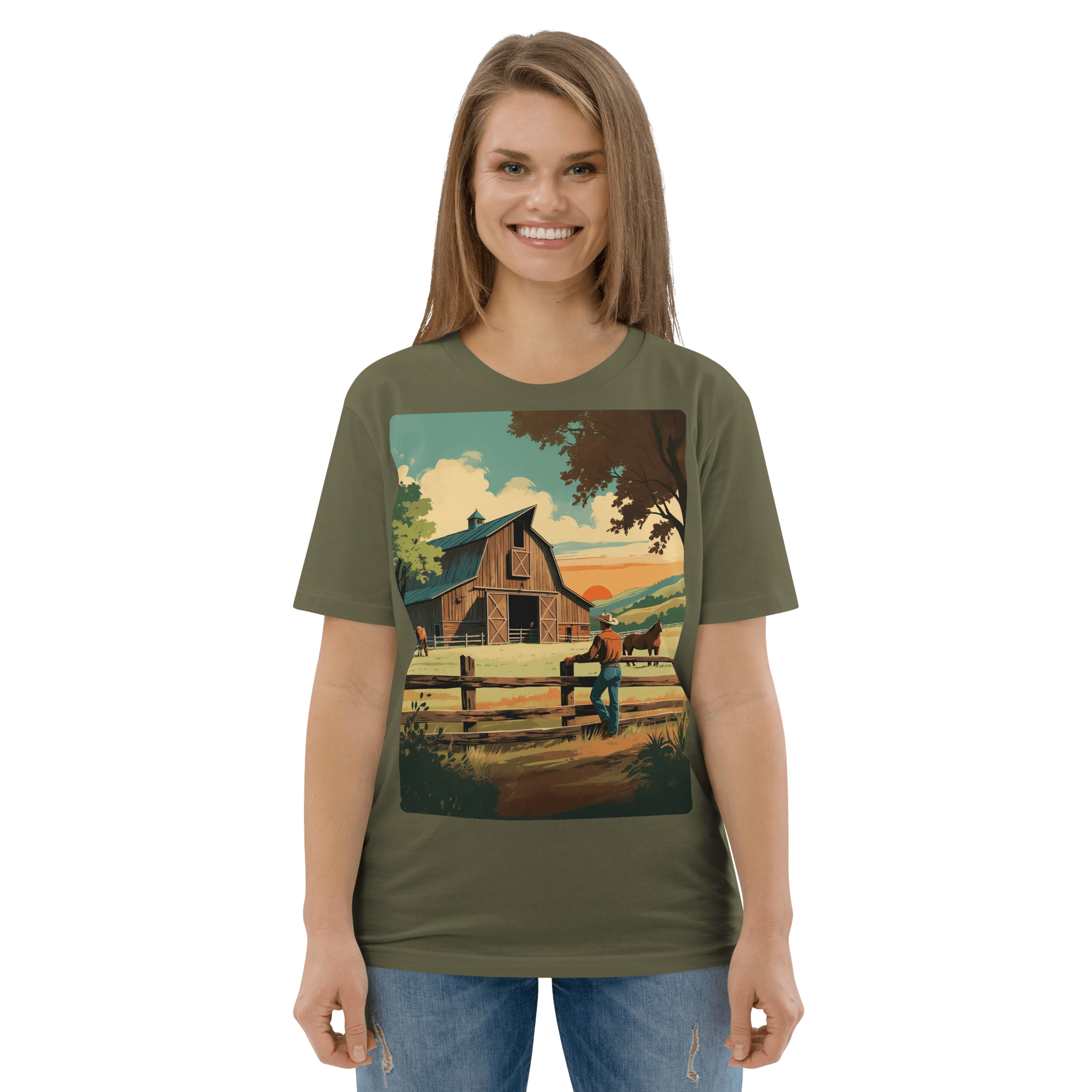 Rustic Ranch Life Organic Cotton T-Shirt - Western Barn Scene - Design Delight Studio