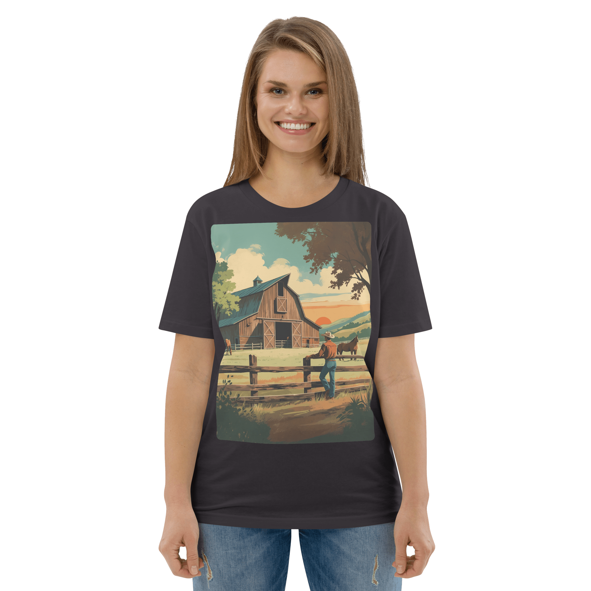 Rustic Ranch Life Organic Cotton T-Shirt - Western Barn Scene - Design Delight Studio