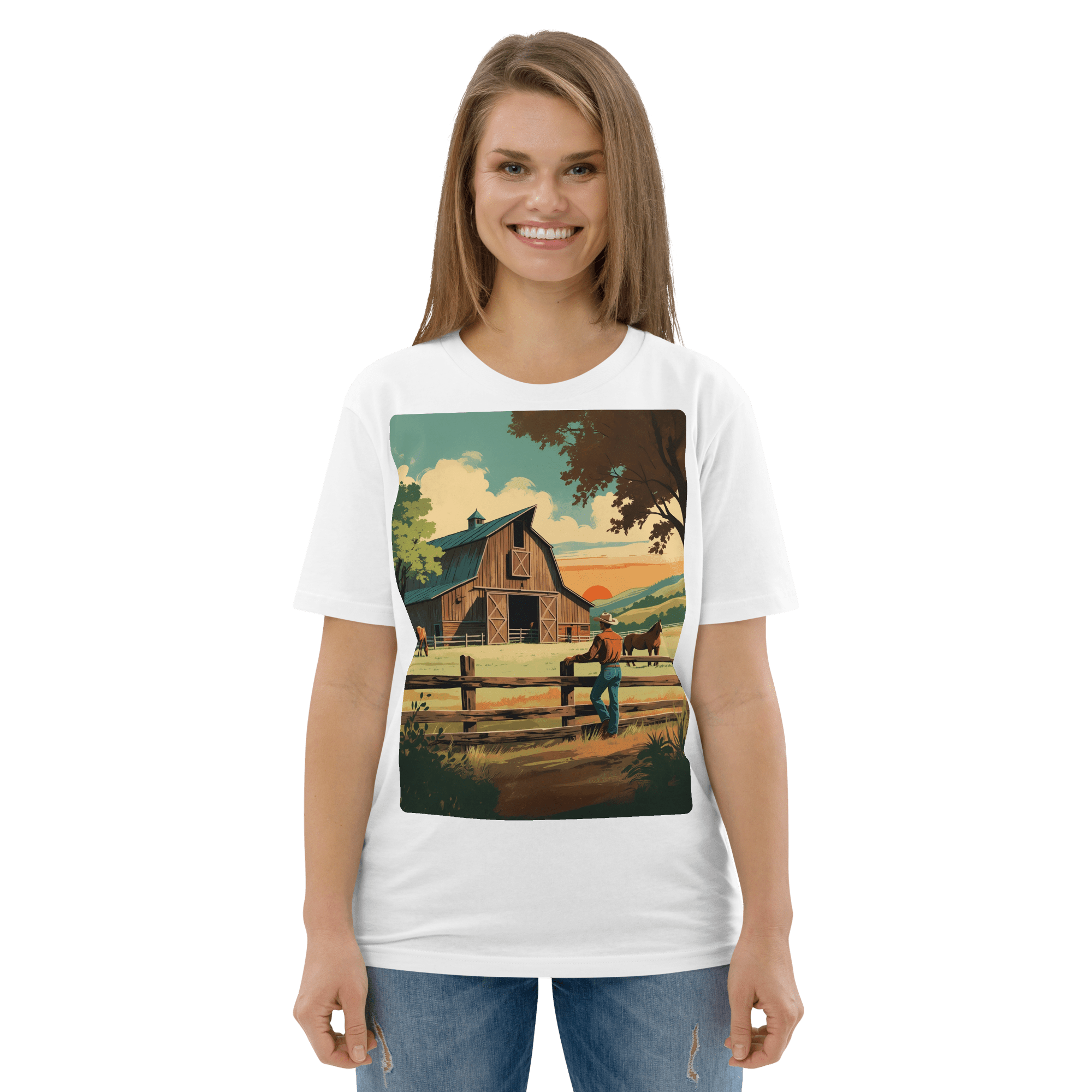 Rustic Ranch Life Organic Cotton T-Shirt - Western Barn Scene - Design Delight Studio