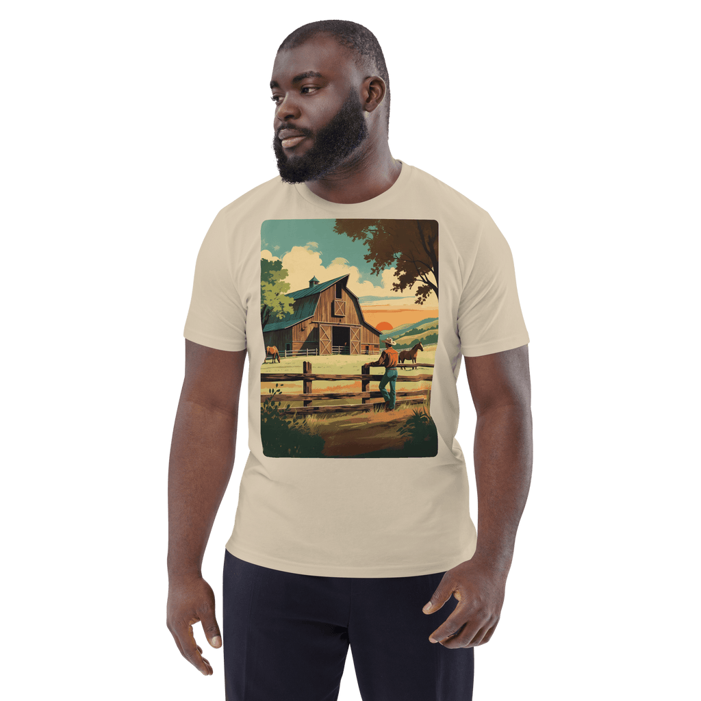 Rustic Ranch Life Organic Cotton T-Shirt - Western Barn Scene - Design Delight Studio